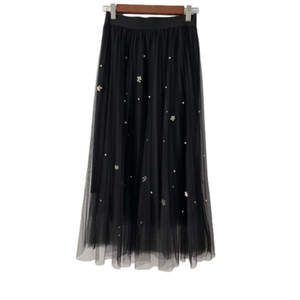 SADIE & Love Pleated Black Tulle with faux White Pearls Lined Skirt Small